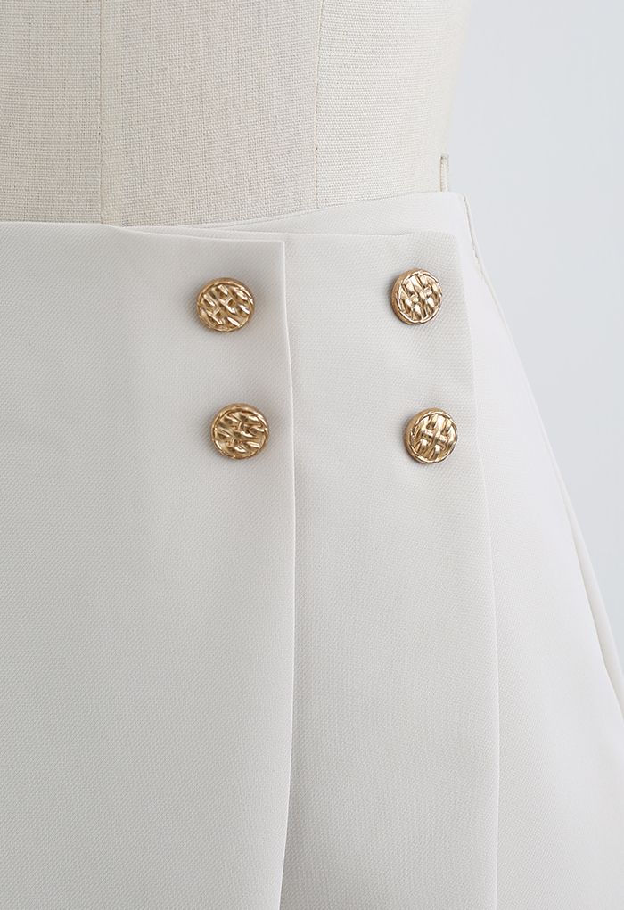 Flap Front Golden Button Trim Skorts in Ivory