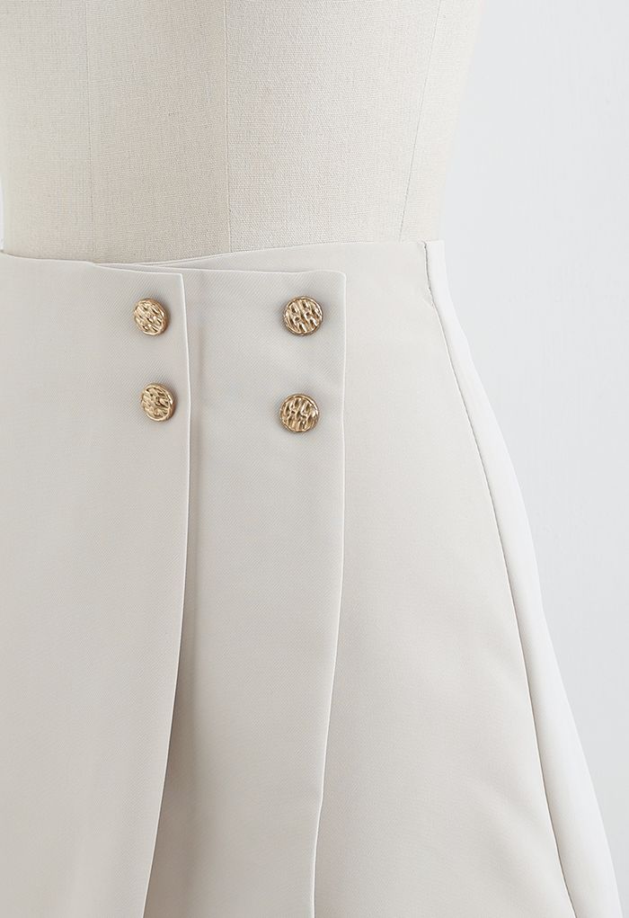 Flap Front Golden Button Trim Skorts in Ivory