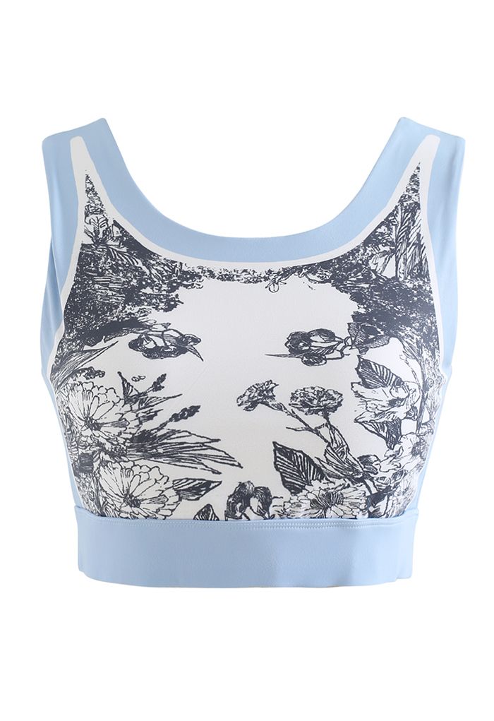 Black Sketch Cutout Back Sports Bra in Baby Blue