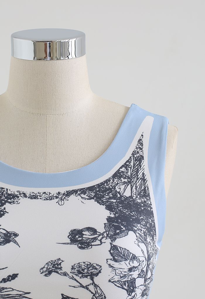 Black Sketch Cutout Back Sports Bra in Baby Blue