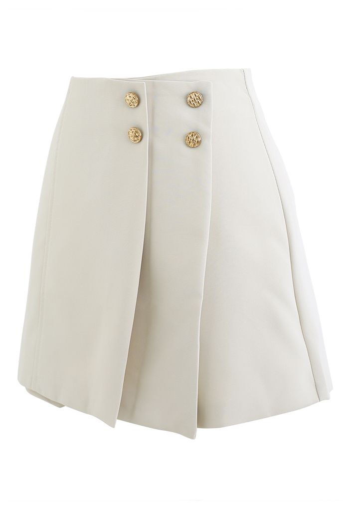 Flap Front Golden Button Trim Skorts in Ivory