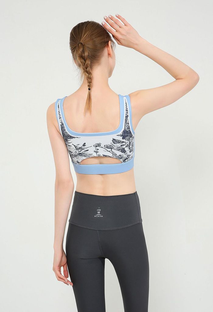 Black Sketch Cutout Back Sports Bra in Baby Blue