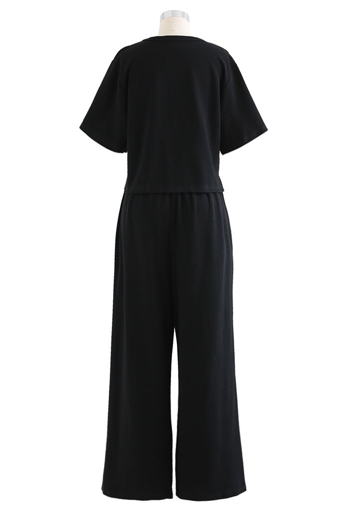 Leisure T-Shirt and Wide-Leg Pants Set in Black