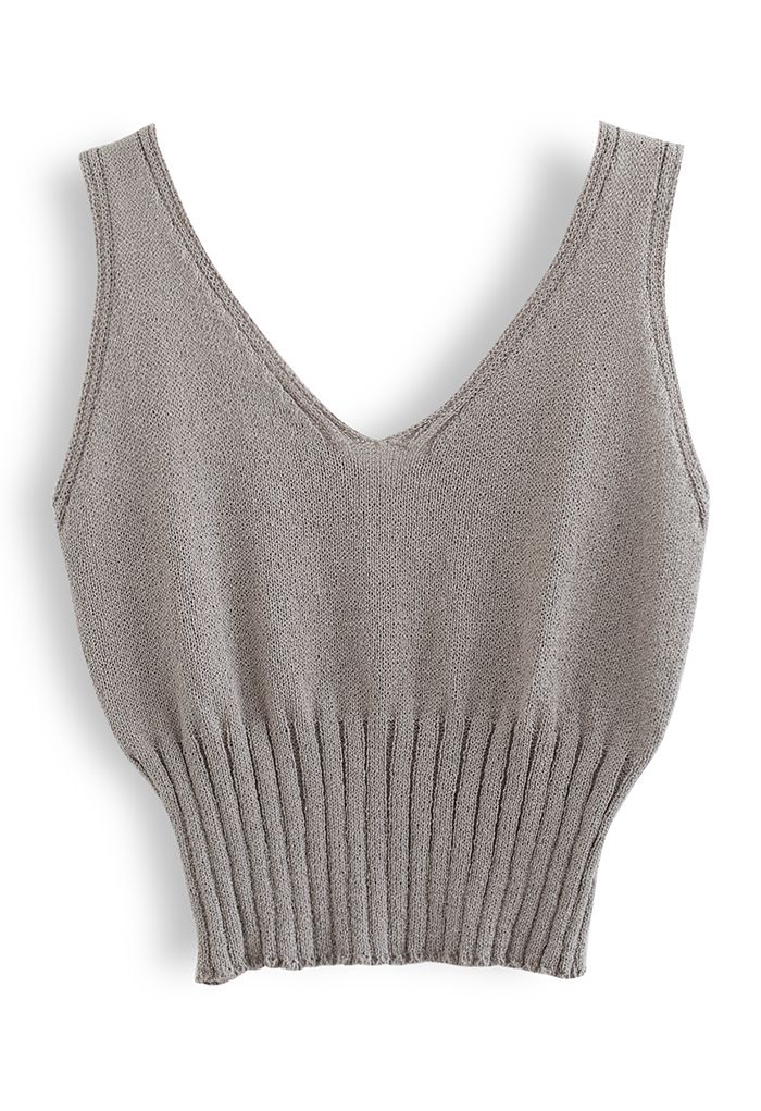 V-Neck Crop Knit Cami Top in Taupe
