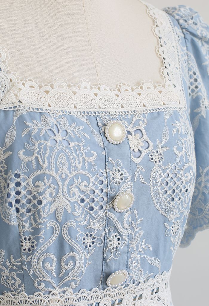 Square Neck Floral Embroidered Crochet Frilling Dress
