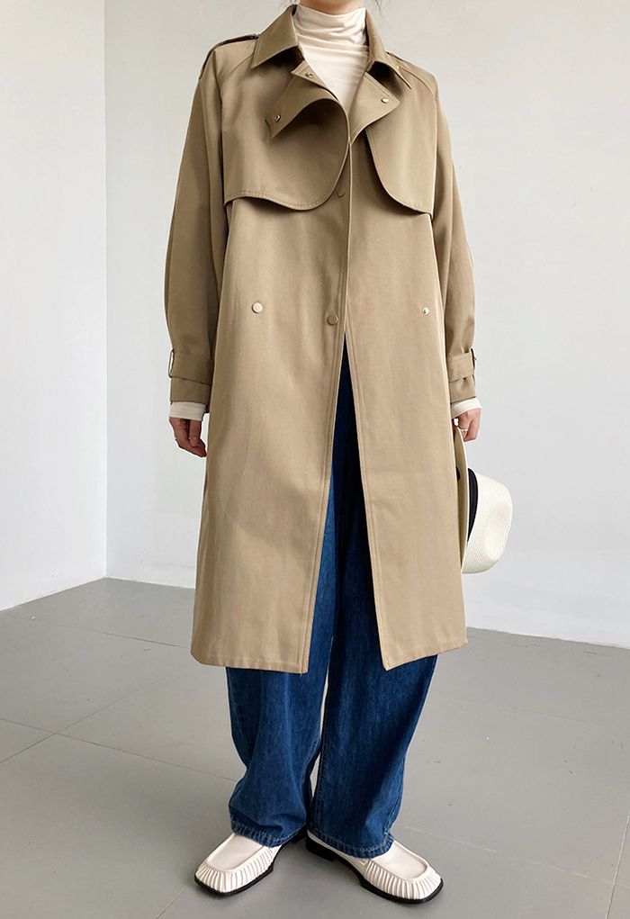 Stud Button Storm Flap Trench Coat in Khaki
