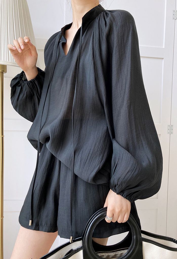 Athleisure Puff Sleeve Shirt and Flare Shorts Set in Black