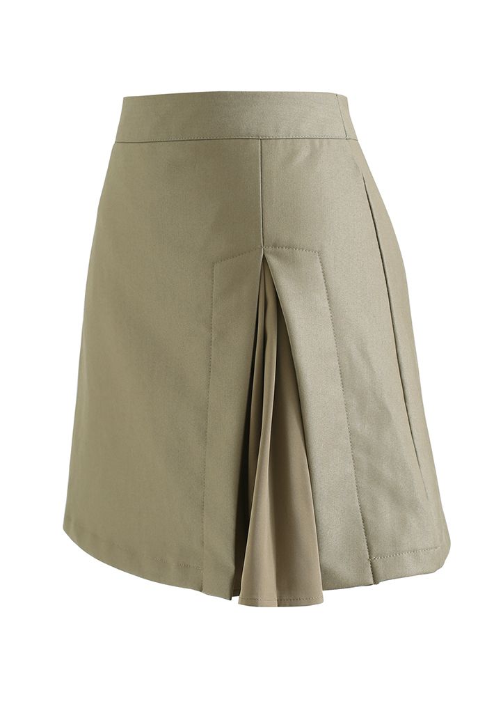 Spliced Pleated Mini Skirt in Khaki