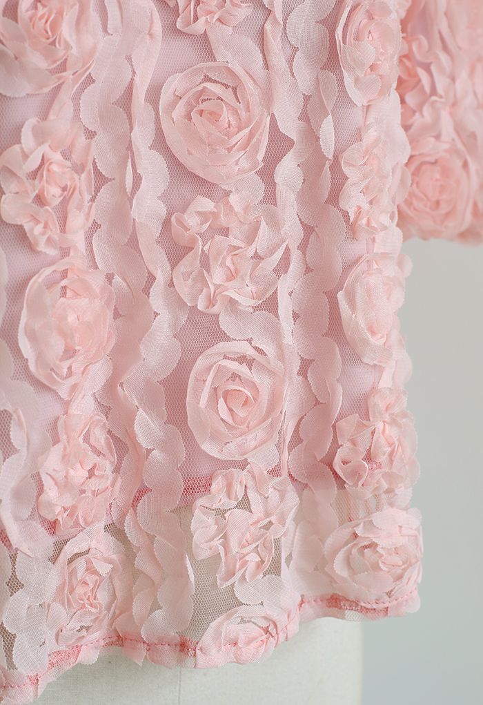 Puff Sleeve 3D Rose Mesh Crop Top in Pink