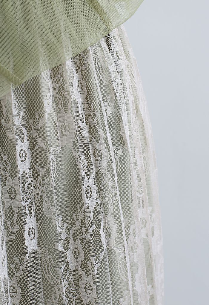 Pearl Decorated Lace Mesh Midi Skirt in Pistachio