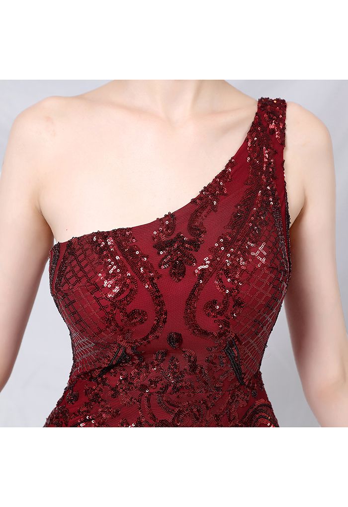 One-Shoulder Floral Lattice Sequined Mesh Gown in Burgundy