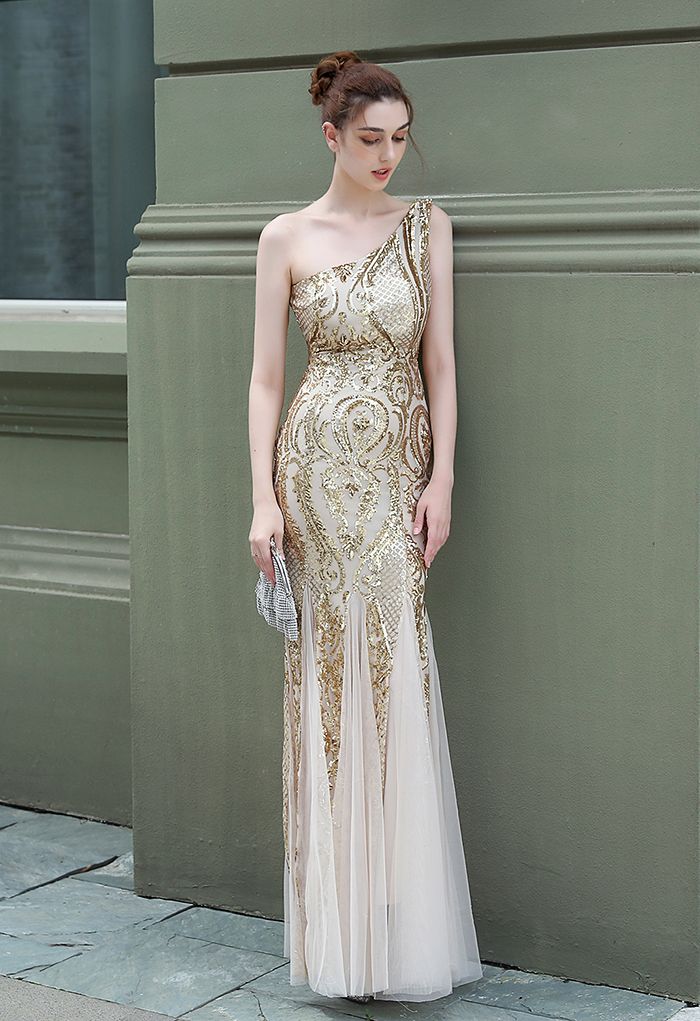 One-Shoulder Floral Lattice Sequined Mesh Gown in Gold