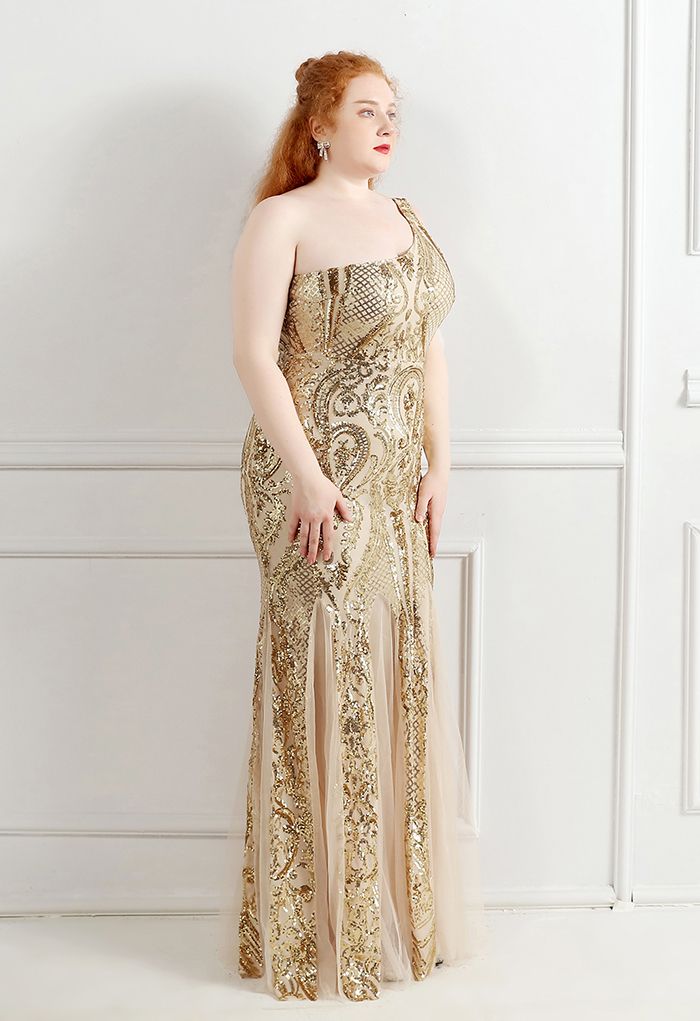 One-Shoulder Floral Lattice Sequined Mesh Gown in Gold