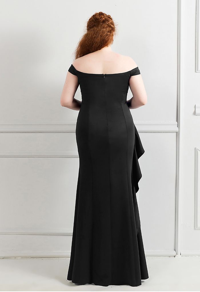 Off-Shoulder Cascade Ruffle Split Satin Gown in Black