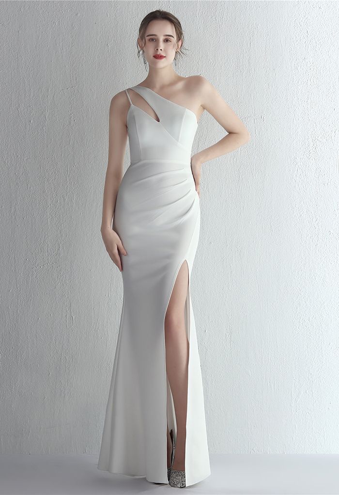 Cutout One-Shoulder Split Gown in White