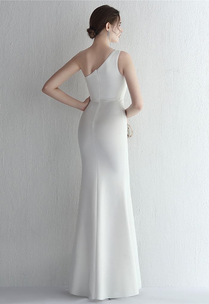 Cutout One-Shoulder Split Gown in White