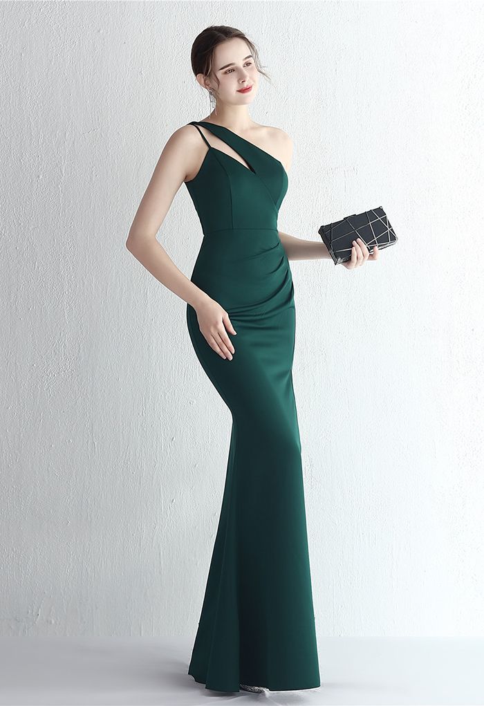 Cutout One-Shoulder Split Gown in Emerald