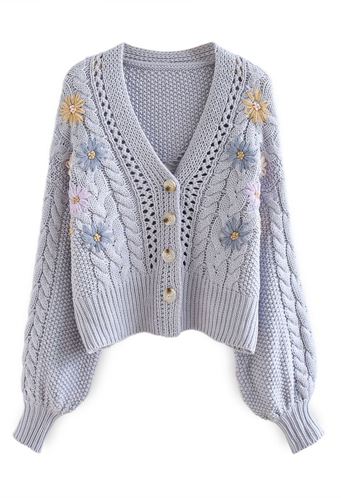 Stitched Flowers Braided Hand Knit Cardigan in Light Blue