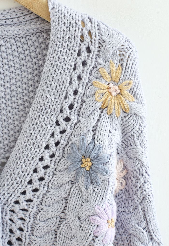 Stitched Flowers Braided Hand Knit Cardigan in Light Blue