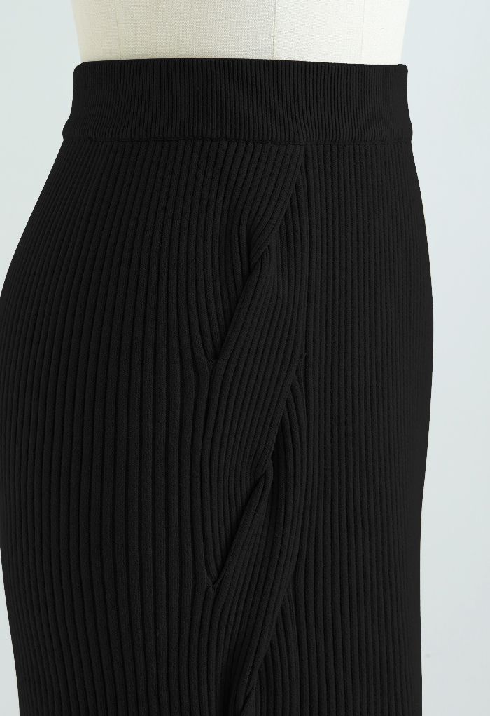 Side Twist Knitted Pencil Skirt in Black
