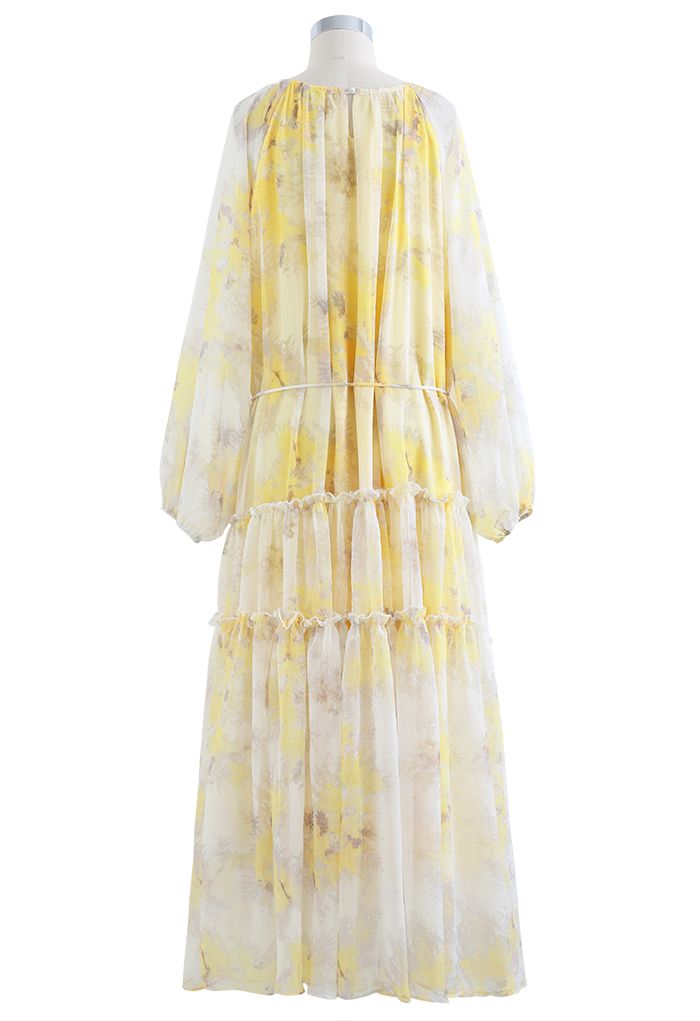 Hazy Floral Ruffle Trim Chiffon Maxi Dress in Yellow