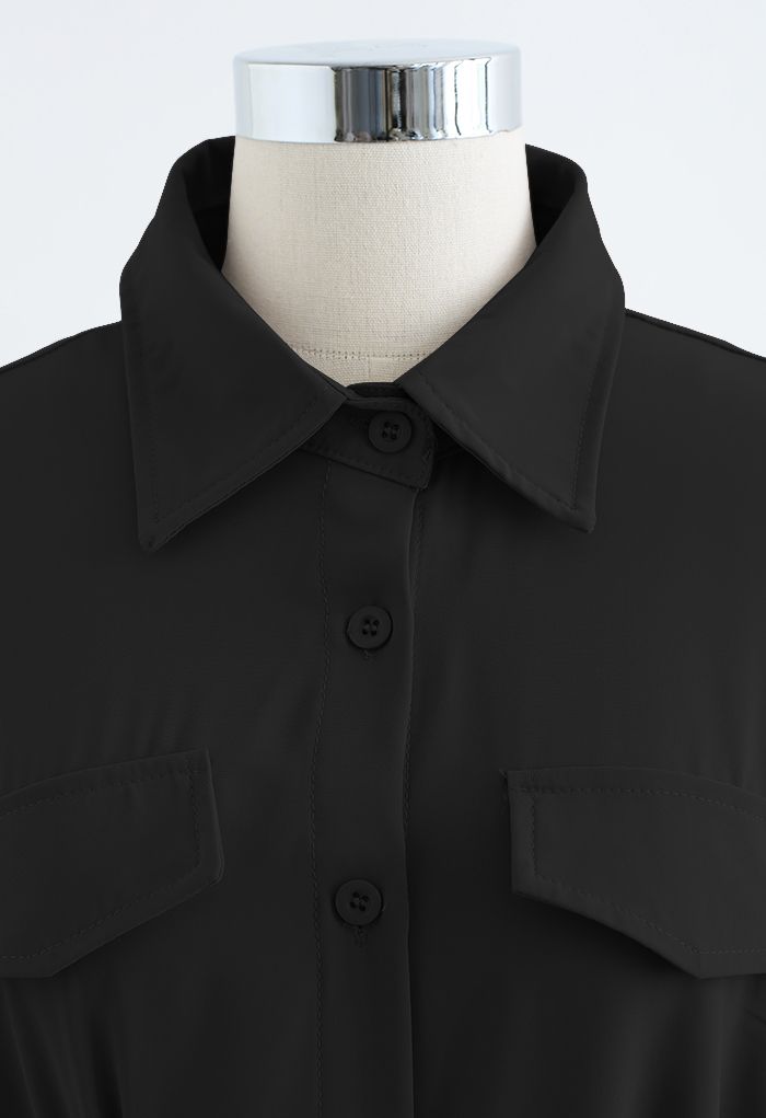 Buckle Belt Flowy Slouchy Shirt in Black