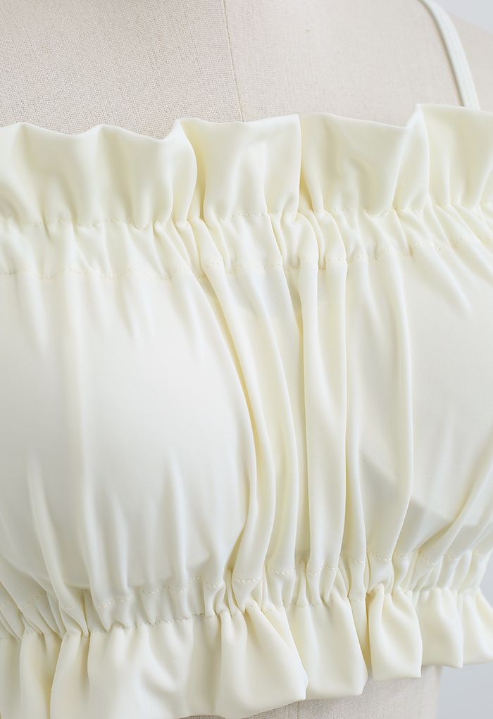 Ruffle Trim Cold-Shoulder Bikini Set in Cream