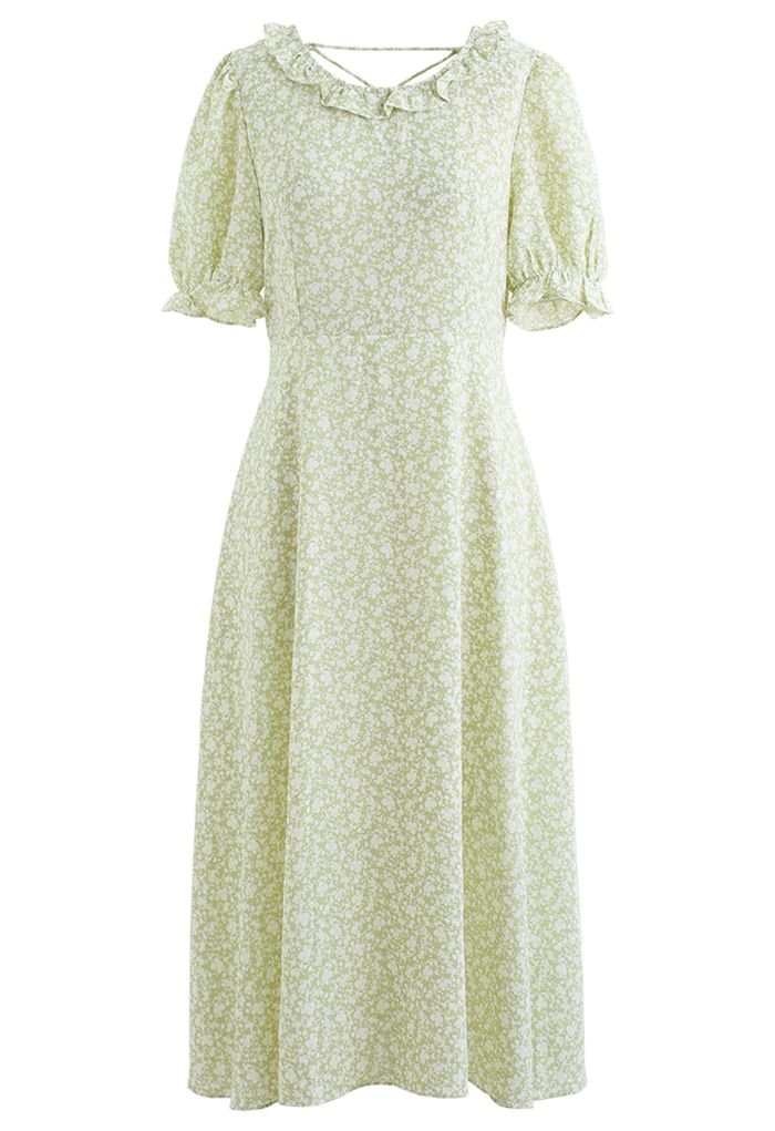 Ruffle Trim Lace-Up Back Floral Dress in Pea Green