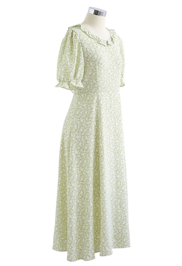 Ruffle Trim Lace-Up Back Floral Dress in Pea Green