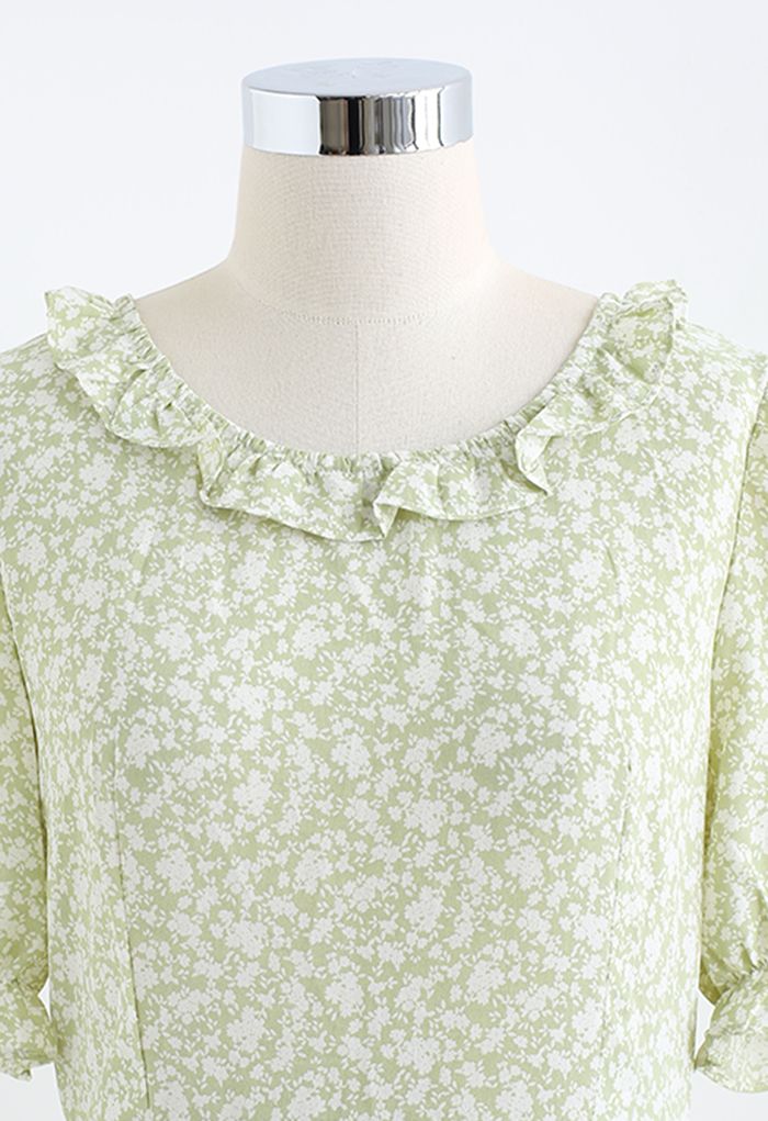 Ruffle Trim Lace-Up Back Floral Dress in Pea Green