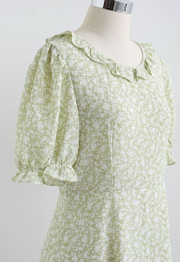 Ruffle Trim Lace-Up Back Floral Dress in Pea Green