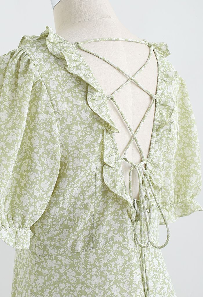 Ruffle Trim Lace-Up Back Floral Dress in Pea Green