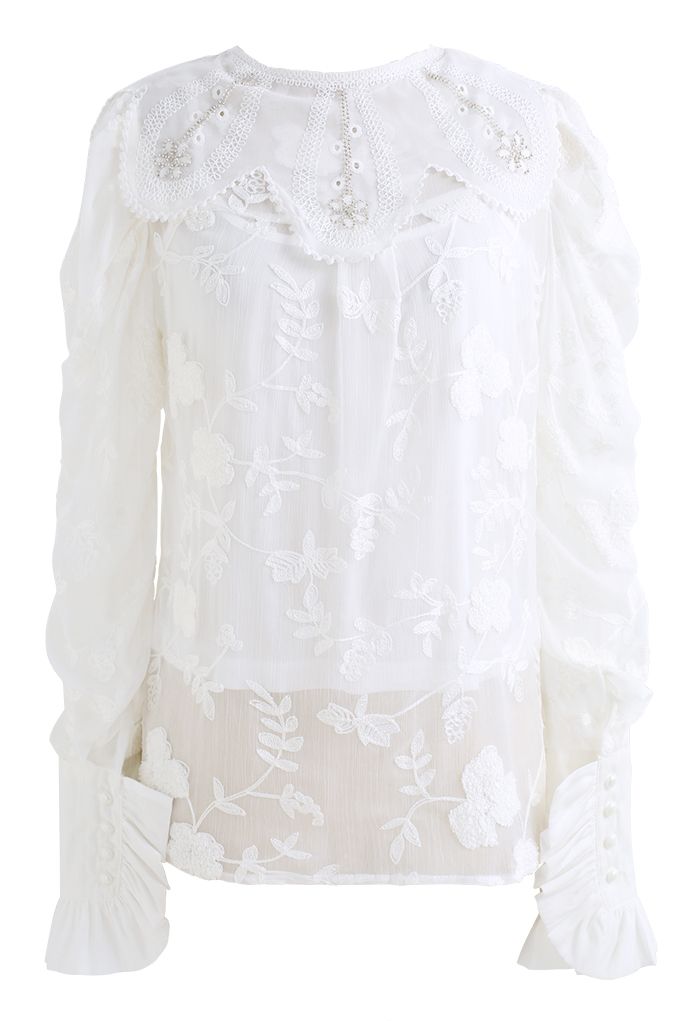 Floral Collar Embroidered Ruffle Shirt in White