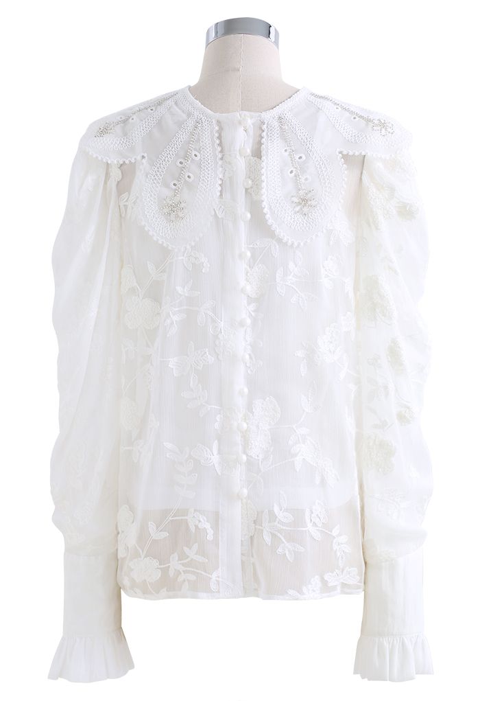 Floral Collar Embroidered Ruffle Shirt in White