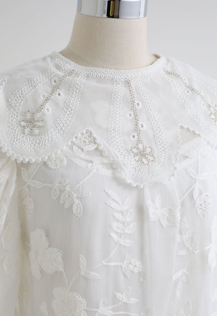 Floral Collar Embroidered Ruffle Shirt in White