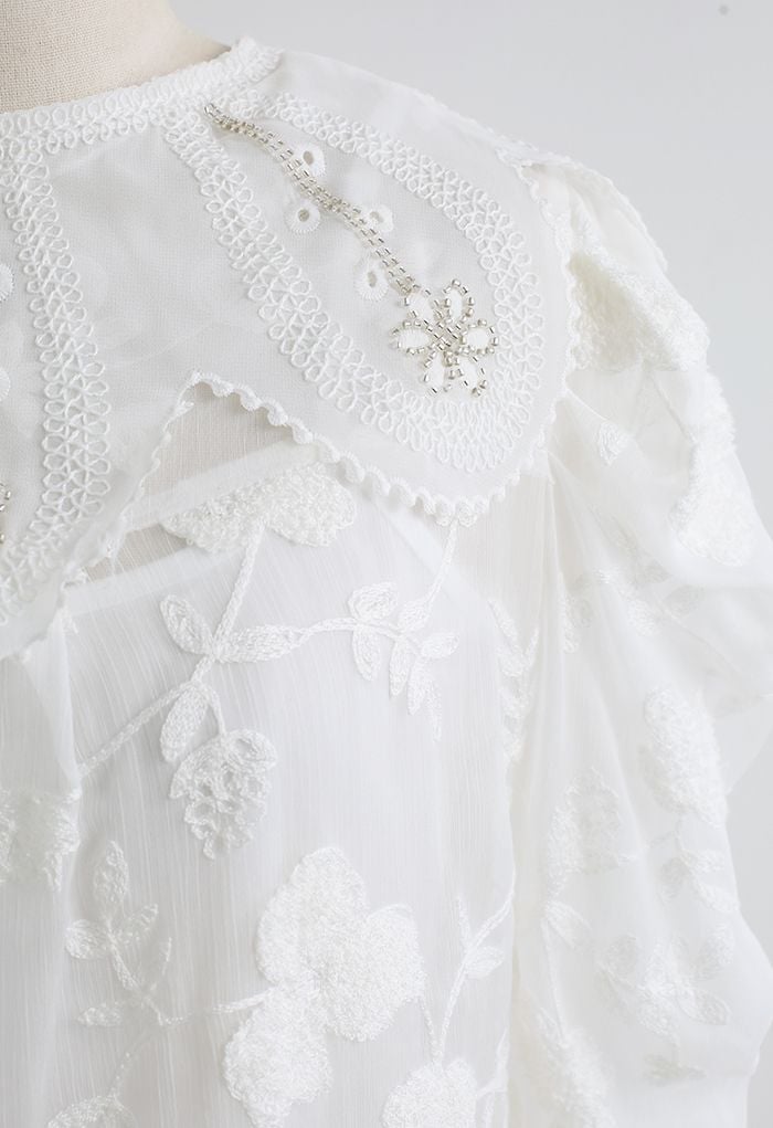 Floral Collar Embroidered Ruffle Shirt in White