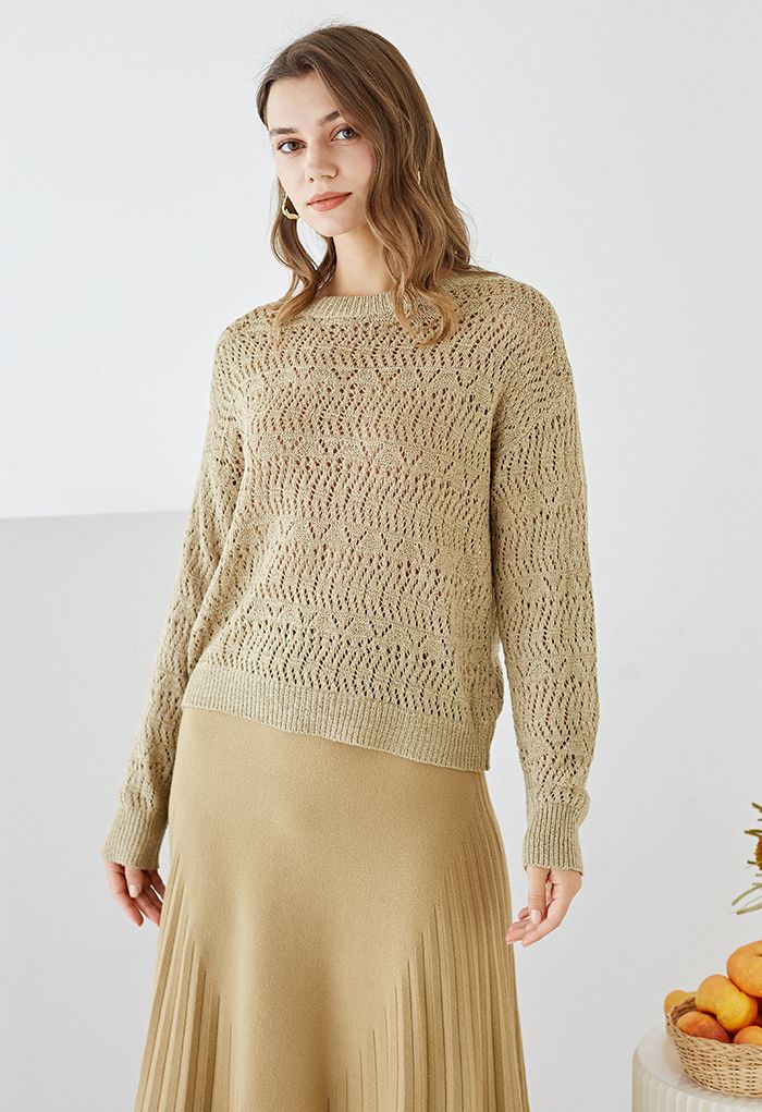 Monochrome Hollow Out Slouchy Knit Top in Olive