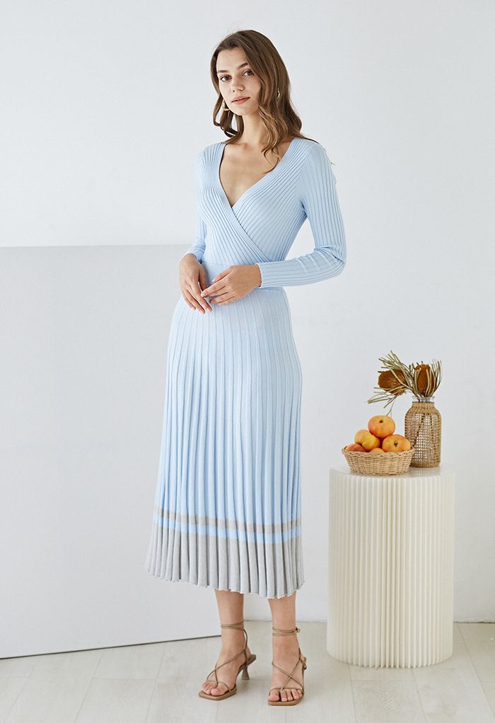 Soft Knit Contrast Hem Wrap Midi Dress in Baby Blue