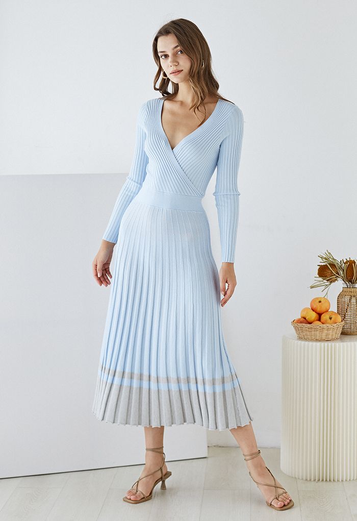 Soft Knit Contrast Hem Wrap Midi Dress in Baby Blue