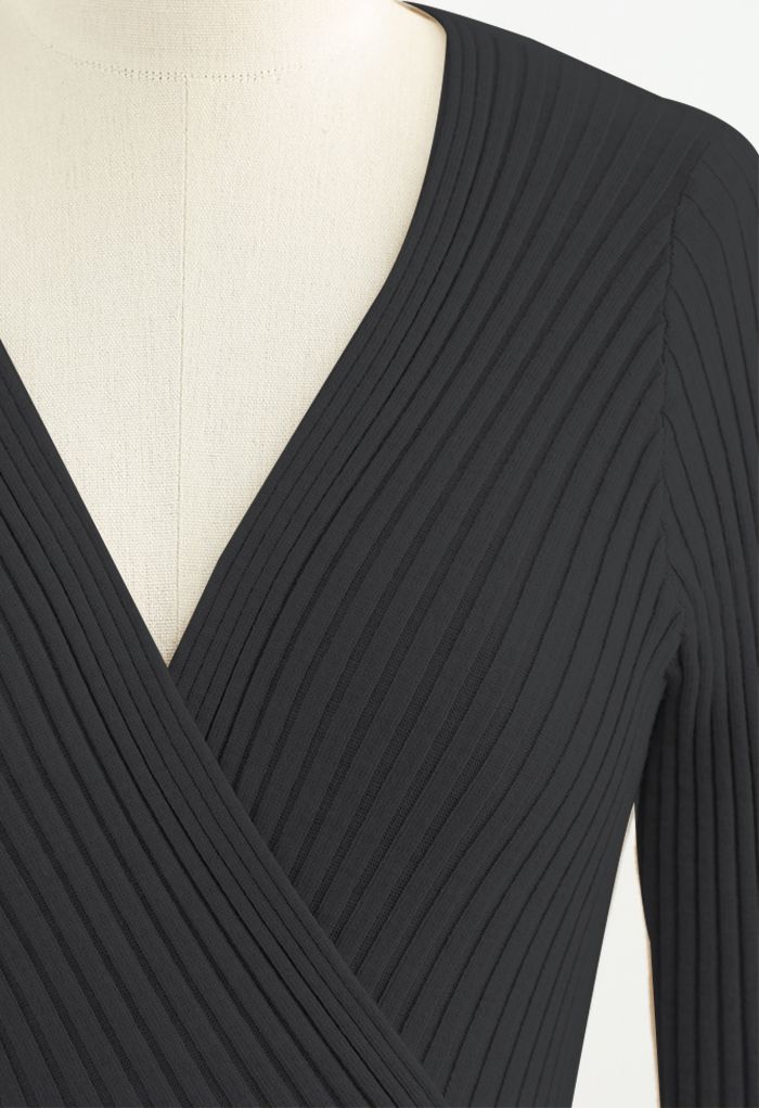 Soft Knit Contrast Hem Wrap Midi Dress in Black