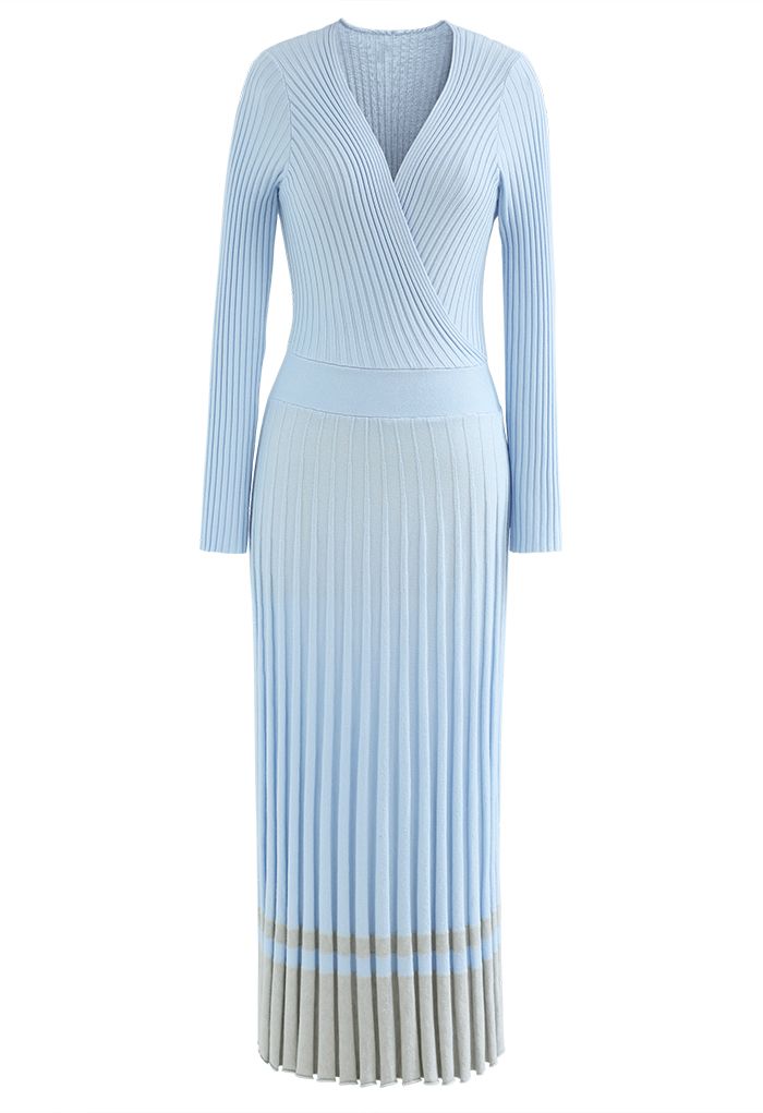 Soft Knit Contrast Hem Wrap Midi Dress in Baby Blue