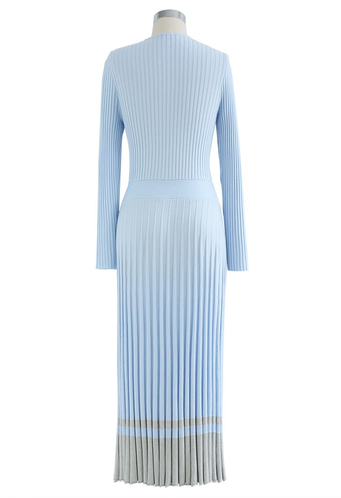 Soft Knit Contrast Hem Wrap Midi Dress in Baby Blue