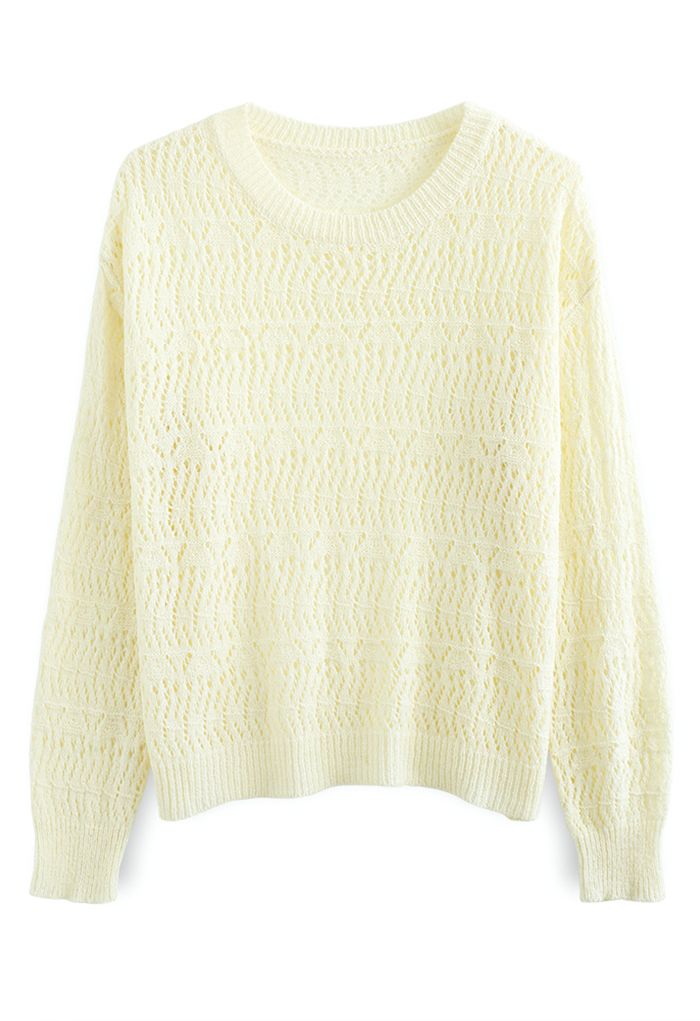 Monochrome Hollow Out Slouchy Knit Top in Cream