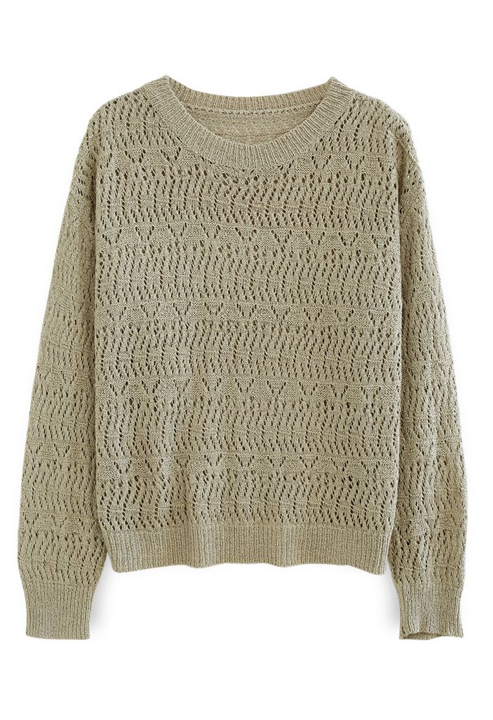 Monochrome Hollow Out Slouchy Knit Top in Olive