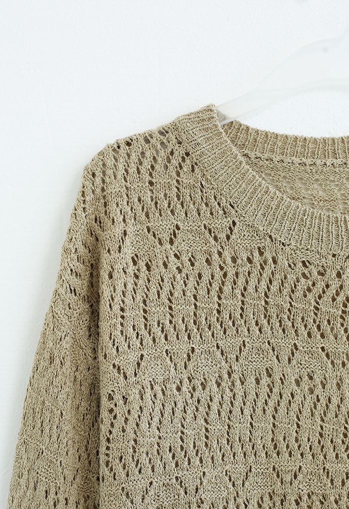 Monochrome Hollow Out Slouchy Knit Top in Olive