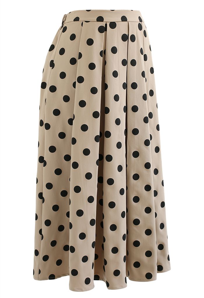 Polka Dot Pleated Midi Skirt in Khaki