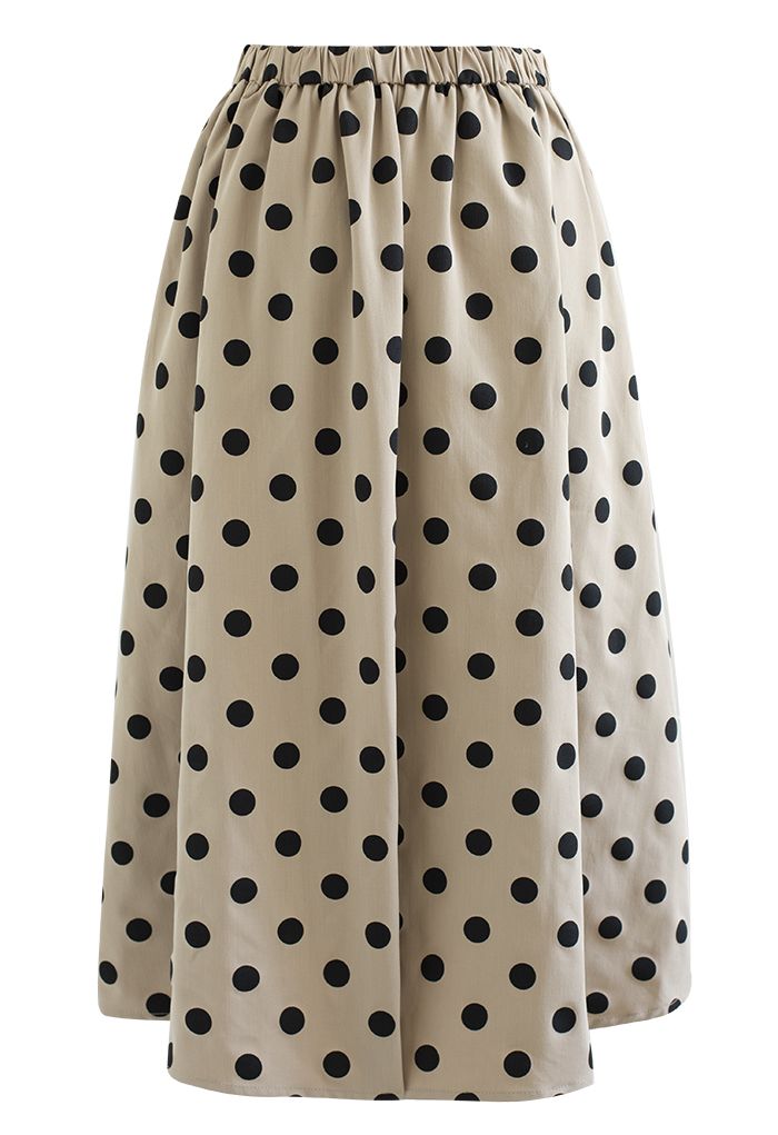 Polka Dot Pleated Midi Skirt in Khaki