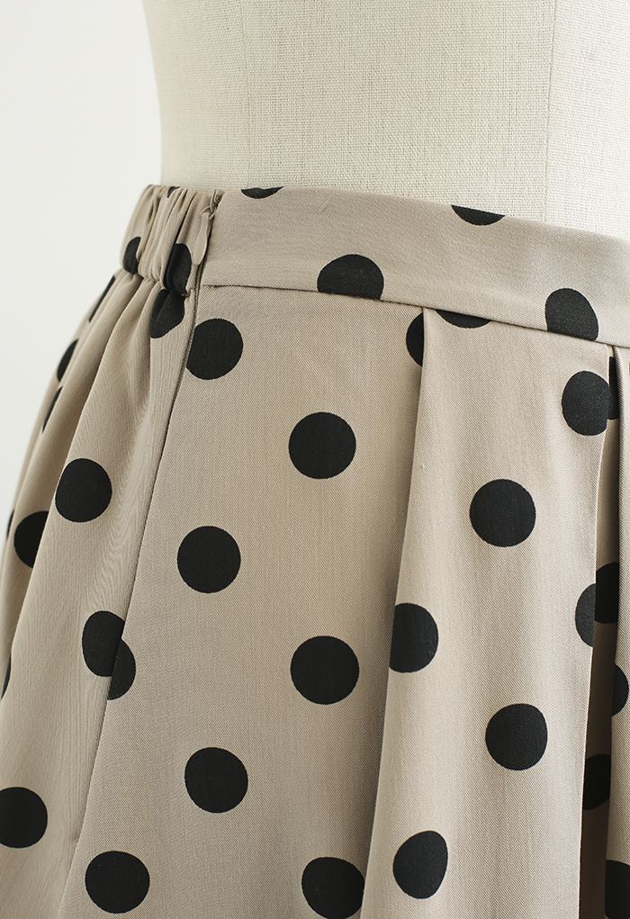 Polka Dot Pleated Midi Skirt in Khaki