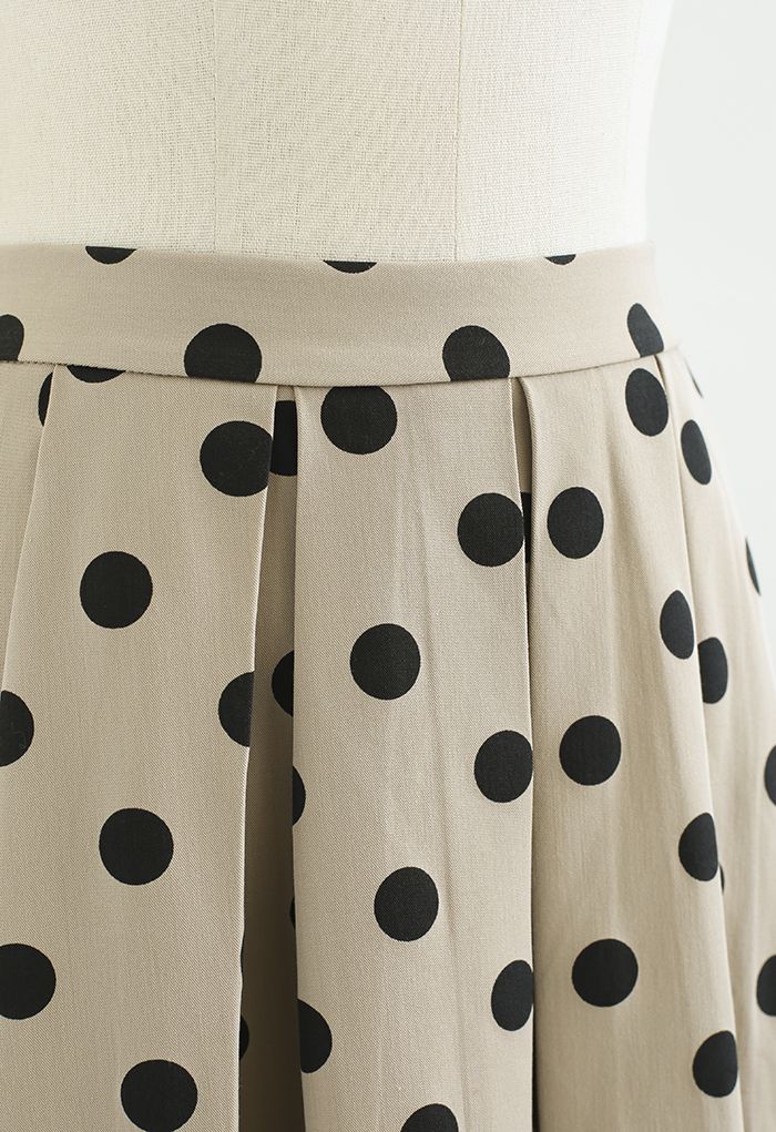 Polka Dot Pleated Midi Skirt in Khaki