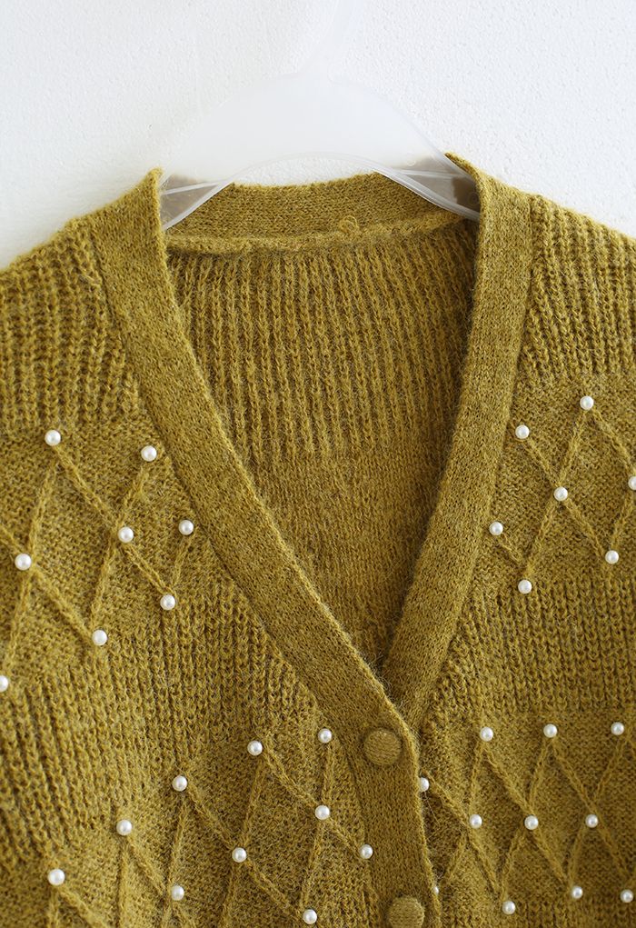 Diamond Texture Pearl Decor Knit Cardigan in Mustard
